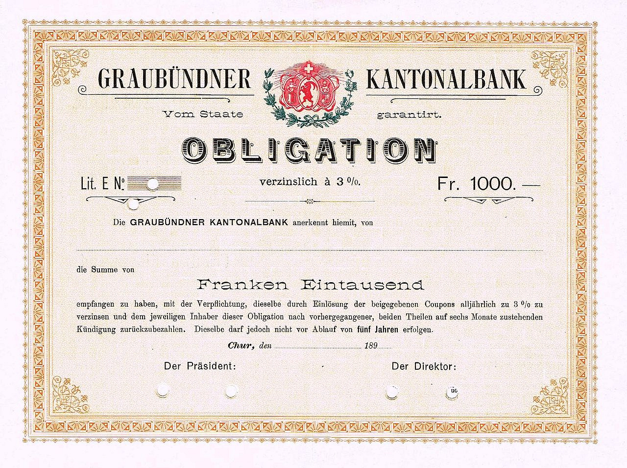 Blankette einer Obligation der Graubündner Kantonalbank, Ausgabejahr ca. 1890.